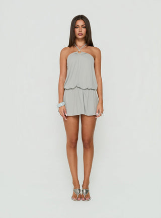 Roksy Tie Neck Drapey Romper Grey