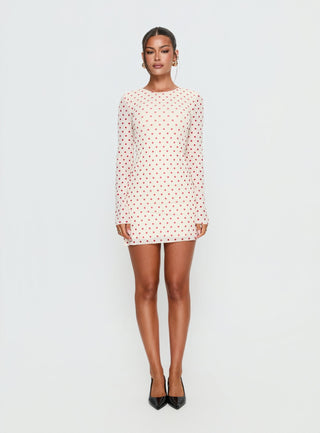 Nyxia Long Sleeve Mini Dress Cream  Red Polka