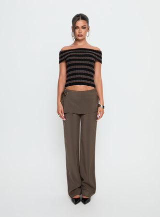 Murmur Off Shoulder Top Brown  Black Stripe