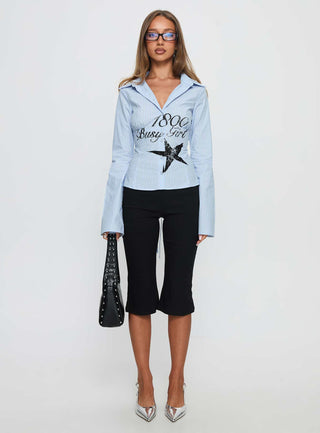 Busy Girl Long Sleeve Collared Top Blue Stripe
