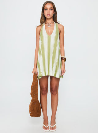 Khaia Halter Mini Dress Green  Cream Stripe