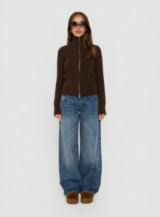 Arletta Cable Knit Zip Through Sweater Brown