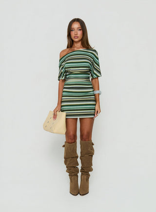 Mista Off Shoulder Asymmetrical Mini Dress Blue Multi Stripe
