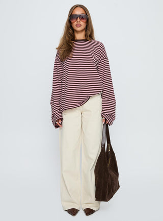 Settle Down Long Sleeve Top Pink  Brown Stripe