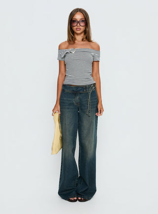 Kiela Off Shoulder Hardware Detail Top Grey  White Stripe