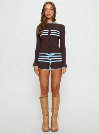 Beverlea Button Down Knit Cardigan Brown  Blue Stripe
