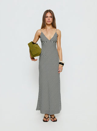 Lesondo V Neck Maxi Dress Black  White Stripe