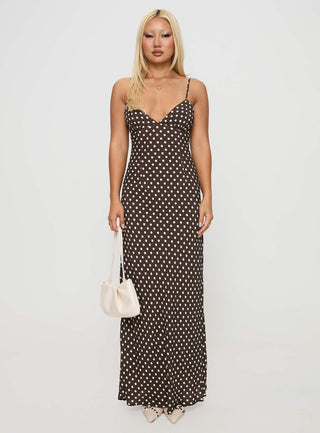 Jorjana Maxi Dress Brown  White Polka Dot