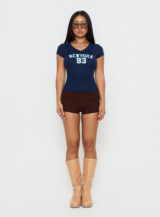 New York 93 Graphic V Neck Top Navy