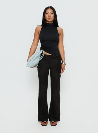 Louder Please Tie Side Straight Leg Pants Black Pinstripe