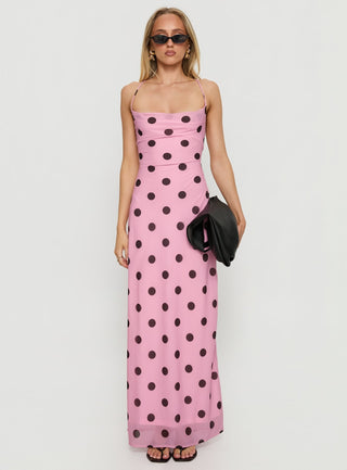 Celena Maxi Dress Pink  Brown Polka Dot