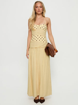 Marguerite Halter Maxi Dress Lemon  Brown Polka Dot