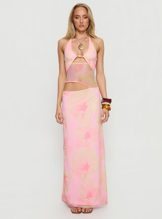 Dyanna Halter Mesh Maxi Dress Pink Floral
