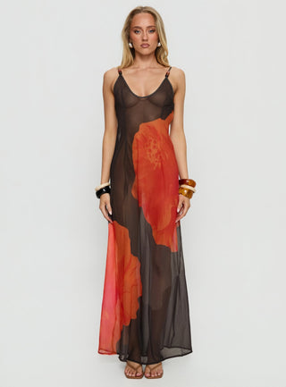 Carita Sheer Chiffon Maxi Dress Brown  Orange Floral