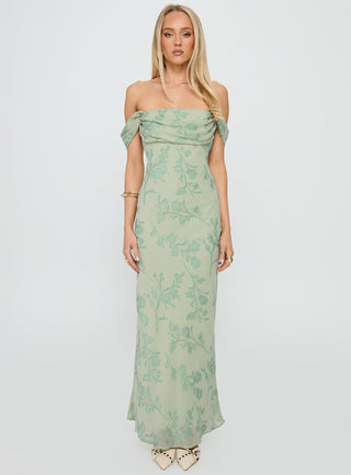 Azura Off The Shoulder Maxi Dress Green Burnout