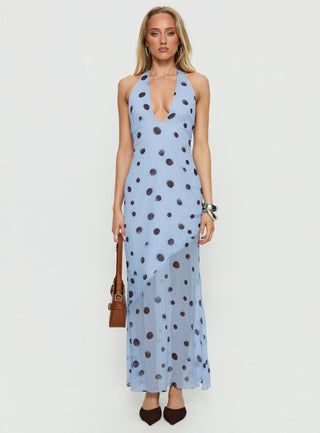 Oralee Halter Sheer Maxi Dress Blue  Polka Dot