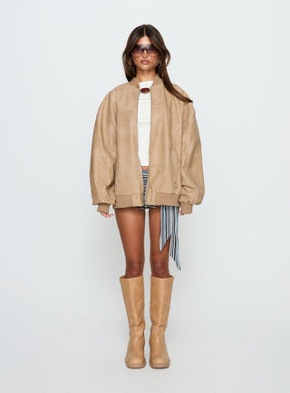 Believe It Faux Leather Bomber Jacket Washed Stone