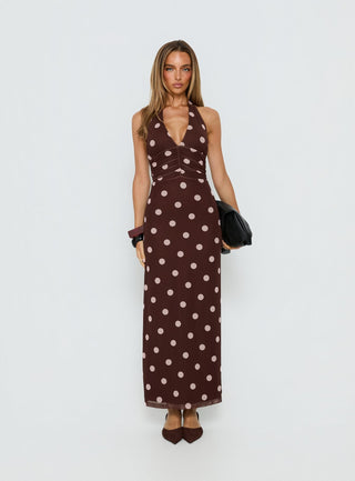 Saviana Halter Ruched Maxi Dress Chocolate  Pink Polka Dot