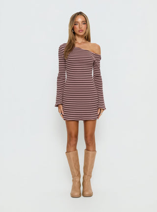 Adrietta Long Sleeve Off Shoulder Mini Dress Chocolate  Pink Stripe