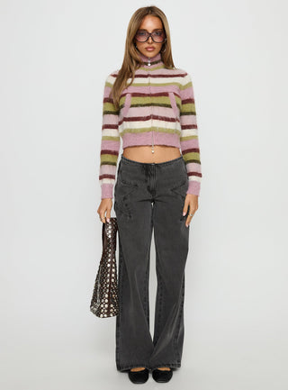 Keeva Zip Through Knit Jumper Pink  Green Stripe