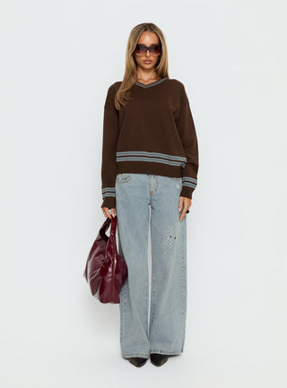 Yarnia V Neck Jumper Brown  Blue