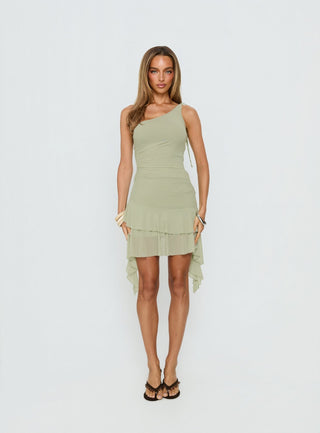Family Ties Ruched One Shoulder Mini Dress Green