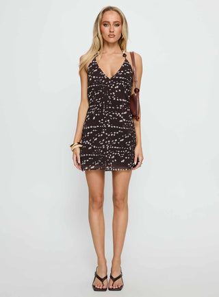 Karysa Halter Beaded Mini Dress Brown Multi