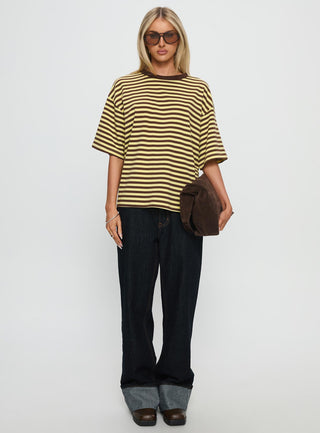 Settle Down Short Sleeve Top Yellow  Brown Stripe