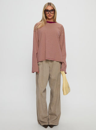 Settle Down Long Sleeve Top Lemon  Burgundy Stripe