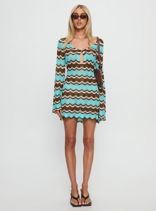Suka Long Sleeve Knit Mini Dress Brown  Blue