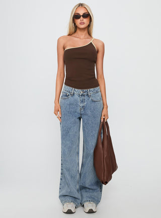 Hold It Down One Shoulder Contrast Top Chocolate  Yellow