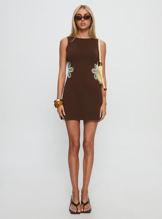 Shelbi Keyhole Boatneck Mini Dress Brown  Blue