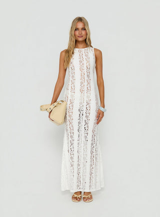 Laurenza Sheer Lace Maxi Dress Off White