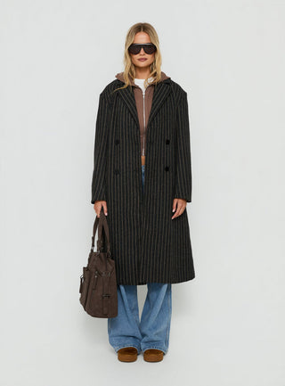 Olimpea Longline Trench Coat Black Pinstripe