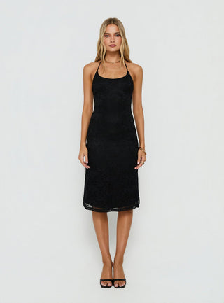 Zenaide Lace Detail Halter Midi Dress Black