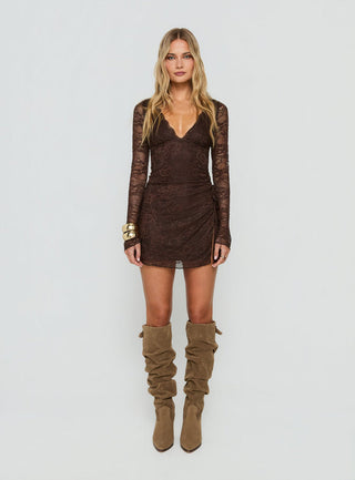 Airabella Long Sleeve Lace Mini Dress Chocolate
