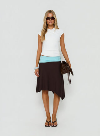 Suave Asymmetrical Contrast Midi Skirt Brown / Aqua