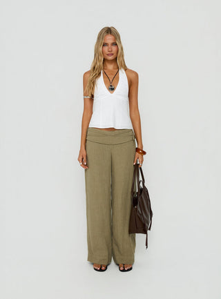 Silver Moon Linen Blend Tie Pants Olive Green