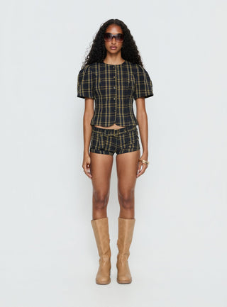 Femme Blouse Top Navy  Lemon Plaid