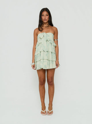 Kalari Strapless Layered Mini Dress Soft Green