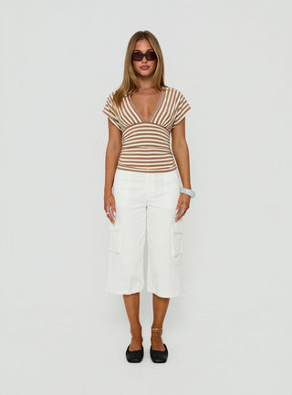 Eleanorre Batwing V Neck Top Brown Stripe