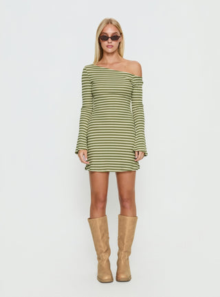 Adrietta Long Sleeve Off Shoulder Mini Dress Cream  Matcha Stripe