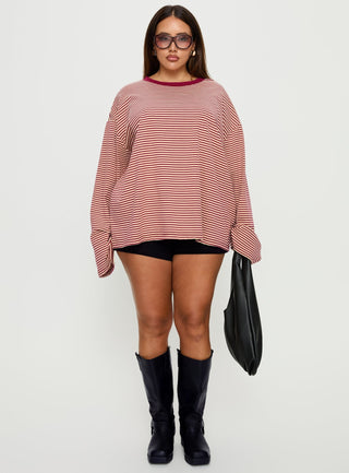 Settle Down Long Sleeve Top Lemon  Burgundy Stripe Curve