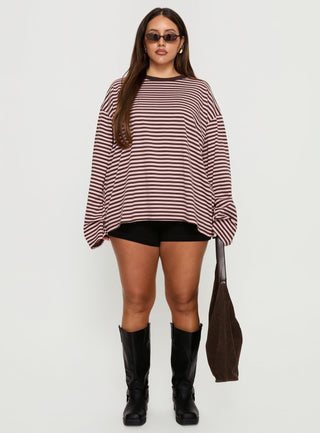 Settle Down Long Sleeve Top Pink  Brown Stripe Curve