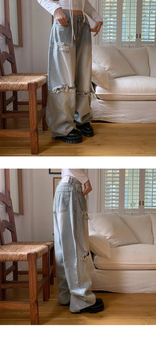 Lace Damage Vintage Faded Light Blue Pants