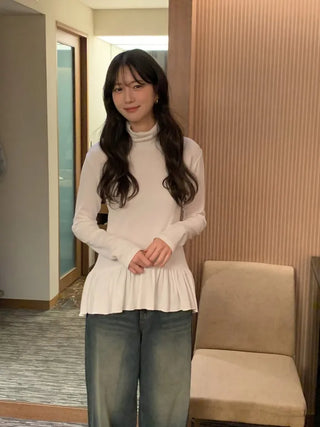 (3 colors) Frilled fleece-lined turtleneck T-shirt