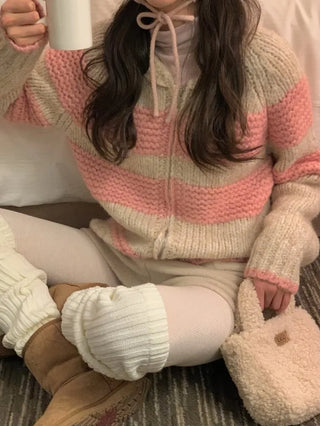 (2 colors) Striped knit zip-up