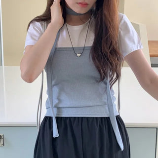 Earth Tie Scarf Layered Off-Shoulder Cropped T-Shirt