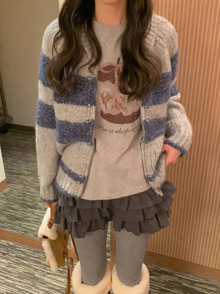 (2 colors) Striped knit zip-up