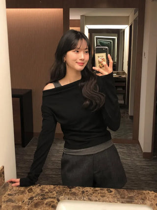(2 colors) Off-shoulder layered T-shirt